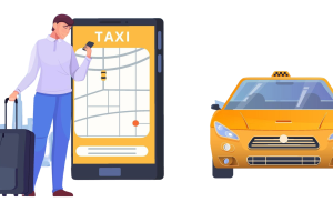 man-with-bags-orders-taxi-through-app-flat-illustration